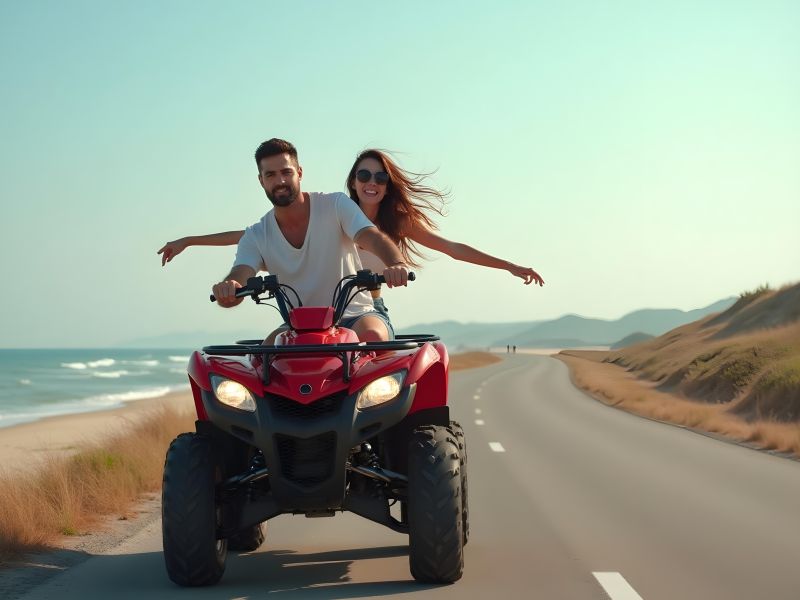 Adventurous beach road trip on a red rental quad bike in Paros