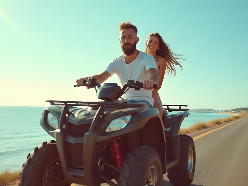 Couple enjoying a rental ATV in Paros, riding by the beach on a sunny summer day