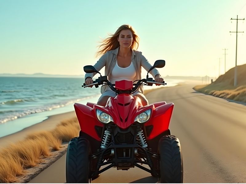 Young woman with long hair enjoying the open road on a red quad bike showing why ATV rental Paros is so popular.